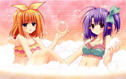  2girls absurdres ahoge bath bikini blue_eyes blush bow breasts bubble cleavage daisy_(shuffle!) female frilled_bikini frills fuyou_kaede hair_ribbon highres multiple_girls nishimata_aoi official_art orange_hair pointy_ears polka_dot polka_dot_bikini polka_dot_swimsuit ponytail purple_eyes purple_hair ribbon scan shared_bathing short_hair shuffle! shuffle!_essence+ side_ponytail sitting smile soap swimsuit 