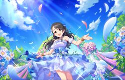  artist_request bare_shoulders black_hair blue_dress blue_sky blush day dress earrings female flower frills hair_flower hair_ornament hair_ribbon idolmaster idolmaster_cinderella_girls idolmaster_cinderella_girls_starlight_stage jewelry kurihara_nene lace long_hair looking_at_viewer necklace official_art open_mouth outdoors outstretched_arms petals ribbon sky smile solo spread_arms sunlight wrist_cuffs 