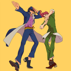  2boys banysun blue_hair chains commentary_request dancing gakuran hat jojo_no_kimyou_na_bouken kakyoin_noriaki kujo_jotaro long_coat male_focus multiple_boys red_hair school_uniform standing 