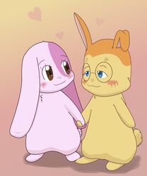  anthro blue_eyes blush brown_eyes daww domestic_rabbit duo eyelashes eyewear female fur glasses hand_holding happy_happy_clover heart_symbol improbable_(artist) lagomorph leporid long_ears lop_rabbit male mallow_(happy_happy_clover) mammal oryctolagus pink_body pink_fur pixiv rabbit romantic romantic_couple sayuri_tatsuyama semi-anthro shallot_(happy_happy_clover) short_fur 