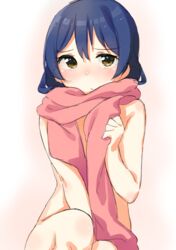  between_legs blue_hair blush commentary_request convenient_censoring female hair_between_eyes hand_between_legs long_hair looking_at_viewer love_live! love_live!_school_idol_project naked_scarf nose_blush nude scarf simple_background sitting solo sonoda_umi tofu1601 yellow_eyes 