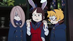  3girls animal_ears animated brown_hair bunny_tail bunnysuit glasses hair_over_one_eye kagari_atsuko little_witch_academia long_hair lotte_yanson multiple_girls orange_hair sucy_manbavaran 