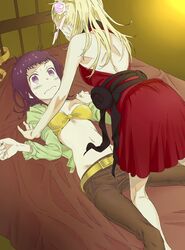  2girls all_fours arm_support backless_dress backless_outfit bad_id bad_pixiv_id bed belt blonde_hair blush bra breasts brown_hair brown_pants cleavage colorized dress embarrassed freadia_strikers groin haimura_kiyotaka hair_ornament halterneck highres indoors itsuwa long_hair lying medium_breasts midriff multiple_girls navel novel_illustration official_art on_back open_clothes open_shirt pants polaris55740 red_dress shirt short_dress short_hair sleeveless sleeveless_dress stomach strapless strapless_bra sweatdrop toaru_majutsu_no_index toaru_majutsu_no_index:_new_testament underwear yellow_bra 