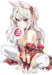  animal_ears asanagi azur_lane bare_shoulders barefoot braid breasts bridal_gauntlets cleavage collar dog_ears enty_reward feet female fingerless_gloves flower frisbee gloves hair_flower hair_ornament highres large_breasts long_hair looking_at_viewer mouth_hold nail_art nail_polish nengajou new_year official_alternate_costume open_clothes paid_reward pink_nails red_eyes short_eyebrows simple_background single_braid smile solo spread_legs squatting thighhighs toeless_legwear toenail_polish toenails toes white_background white_hair white_thighhighs yuudachi_(azur_lane) yuudachi_(shogun_of_snowballs)_(azur_lane) 