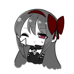  ;&lt; akemi_homura akuma_homura bare_shoulders black_dress black_gloves black_hair bow chibi choker commentary_request cursor dress elbow_gloves fc_(efushii) female gloves hairbow long_hair lowres mahou_shoujo_madoka_magica mahou_shoujo_madoka_magica:_hangyaku_no_monogatari one_eye_closed purple_eyes simple_background solo white_background 