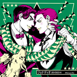  2boys birthmark bow bowtie canine commentary danny_(jojo) dio_brando ear_birthmark formal hatoyama_itsuru jojo_no_kimyou_na_bouken jonathan_joestar limited_palette male_focus multiple_boys official_alternate_costume phantom_blood photoshop_(medium) purple_hair scarf suit traditional_bowtie 