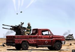  1boy aircraft airplane anti-aircraft_gun arabic_text blue_sky brand_name_imitation car commentary_request contrail crescent day fighter_jet hai_to_hickory head_scarf highres jet libya libyan_civil_war military military_vehicle motor_vehicle original outdoors pickup_truck sky smoke star_(symbol) star_and_crescent t-55 tank technical toyota_hilux truck vehicle_focus war 