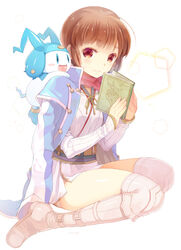  book brown_hair commentary_request female highres isabeau_(megami_tensei) jack_frost_(megami_tensei) photoshop_(medium) purple_eyes shin_megami_tensei shin_megami_tensei_iv sitting smile solo takeda_mika 