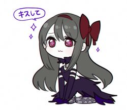  :3 akemi_homura akuma_homura argyle_clothes argyle_legwear bare_shoulders black_dress black_gloves black_hair bow chibi choker commentary_request dress elbow_gloves fc_(efushii) female gloves hairbow long_hair mahou_shoujo_madoka_magica mahou_shoujo_madoka_magica:_hangyaku_no_monogatari purple_eyes ribbon simple_background solo sparkle symbol-shaped_pupils thighhighs translated white_background 