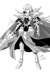  arianrhod_(eiyuu_densetsu) armor armored_boots armored_dress artist_name boots braid breastplate breasts cape commentary_request dated eiyuu_densetsu expressionless female full_body gauntlets greyscale hair_between_eyes lance long_hair looking_at_viewer medium_breasts monochrome pelvic_curtain polearm sen_no_kiseki side_braid signature simple_background solo standing weapon werkbau white_background 