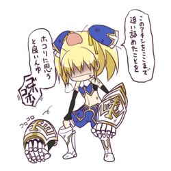  blonde_hair blue_bow blue_skirt bow commentary_request damaged female flat_chest gauntlets hair_ornament injury knot lowres mika_returna short_twintails skirt syank twintails under_night_in-birth under_night_in-birth_exe:late[st] yellow_eyes 