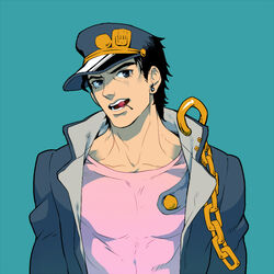  1boy banysun black_eyes black_hair chains cherry commentary_request food fruit gakuran hat jojo_no_kimyou_na_bouken kujo_jotaro male_focus mouth_hold school_uniform solo 