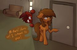  2015 bathroom braces dialogue digital_media_(artwork) duo earth_pony english_text equid equine fan_character female hasbro hi_res horse male mammal mars_miner marsminer mean my_little_pony omorashi pony prank text venus_spring 