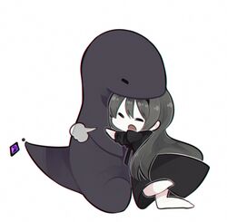  akemi_homura akemi_homura_(black_dress) barefoot black_hair black_hairband chibi closed_eyes commentary_request dress fc_(efushii) female full_body funeral_dress gem hairband hug long_hair mahou_shoujo_madoka_magica mahou_shoujo_madoka_magica:_hangyaku_no_monogatari salamander simple_background white_background 