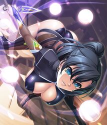  ass black_hair bodysuit breasts female female fuuma_tokiko huge_ass kagami_hirotaka kunai large_breasts looking_at_viewer smile taimanin_(series) taimanin_asagi taimanin_asagi_battle_arena weapon 