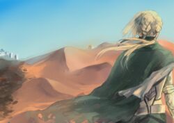  1boy airgetlam_(fate) armor bedivere_(fate) cape castle commentary_request desert egyptian fate/grand_order fate_(series) from_behind kaede_(kaedere) male_focus pyramid_(structure) sand_dune solo twintails white_hair 