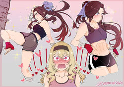  2girls abs alternate_universe blue_eyes blush brown_hair commentary dreamsyndd fingerless_gloves gloves gradient_background gym_shorts hairband heart heart-shaped_pupils highres kickboxing kicking mma_gloves multiple_girls open_mouth ponytail punching_bag saijou_claudine shorts shoujo_kageki_revue_starlight signature sparkle sports_bra sweat symbol-shaped_pupils tendou_maya toeless_legwear toned twitter_username yuri 