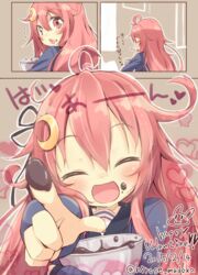  :d ^_^ bad_id bad_pixiv_id blush chocolate closed_eyes crescent crescent_hair_ornament dated feeding female hair_ornament happy_valentine hirose_madoka incoming_food kantai_collection long_hair open_mouth pink_eyes pink_hair smile solo translated twitter_username uzuki_(kancolle) valentine 