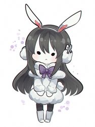  :&lt; akemi_homura animal_ears black_hair casual chibi coat commentary_request fc_(efushii) female long_hair mahou_shoujo_madoka_magica mahou_shoujo_madoka_magica_(anime) rabbit_ears simple_background solid_circle_eyes solo standing white_background 