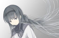  aikura_chihiro akemi_homura akemi_homura_(magical_girl) alternate_eye_color asymmetrical_hair black_hair black_hairband braid commentary_request female frown gradient_background grey_background grey_eyes hair_half_undone hairband long_hair looking_down mahou_shoujo_madoka_magica mahou_shoujo_madoka_magica_(anime) solo upper_body white_background 