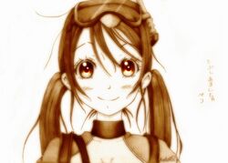  amanchu! artist_name blush closed_mouth collar commentary_request female godees goggles goggles_on_head graphite_(medium) hair_between_eyes long_hair looking_at_viewer monochrome ooki_futaba portrait sepia simple_background smile snorkel solo traditional_media translation_request twintails white_background 