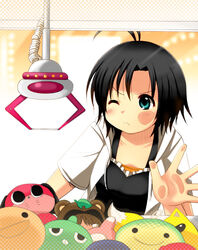  against_glass antenna_hair black_hair blue_eyes blush commentary_request crane_game female gachapin hirake!_ponkikki idolmaster idolmaster_(classic) kikuchi_makoto kotobuki_maimu maromi mousou_dairinin one_eye_closed short_hair solo stuffed_toy wince 