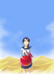  ahoge apple black_hair brown_eyes commentary_request day desert female food fruit fuura_kafuka hair_ornament hairclip highres holding holding_food holding_fruit junshi_(junbox) ringo_mogire_beam sand sand_dune sayonara_zetsubou_sensei school_uniform serafuku short_hair skirt sky solo standing 