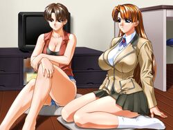  2girls blue_eyes breasts brown_eyes brown_hair escalation escalation_hardcore inoue_takuya large_breasts long_hair multiple_girls ogasawara_kaoru red_hair school_uniform shimamura_miki short_hair 