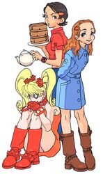  3girls arms_behind_back blonde_hair blue_eyes brown_hair chinese_clothes effie_(street_fighter) hair_ornament hairclip houmei_(street_fighter) knees_to_chest long_hair lowres multiple_girls nishimura_kinu official_art orange_hair patricia_(street_fighter) raincoat short_hair street_fighter street_fighter_iii_(series) teapot twintails 