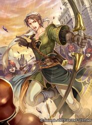  1boy arrow_(projectile) bandana bindi bow_(weapon) brown_hair castle commentary_request company_name faceless faceless_male facial_mark fire_emblem fire_emblem:_genealogy_of_the_holy_war fire_emblem_cipher forehead_mark gloves helmet jamke_(fire_emblem) male_focus official_art open_mouth orange_eyes sky solo_focus takaya_tomohide teeth weapon 