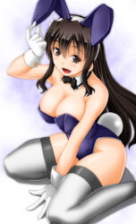  adapted_costume animal_ears ashigara_(kancolle) breasts brown_eyes brown_hair commentary_request detached_collar fake_animal_ears female gloves hairband kantai_collection keito_(keito-ya) large_breasts leotard long_hair oerba_yun_fang playboy_bunny purple_leotard rabbit_ears rabbit_tail sitting solo tail thighhighs wariza wavy_hair white_gloves white_thighhighs wrist_cuffs 