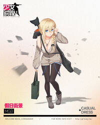  ammunition_box aran_sweater black_pantyhose blonde_hair blue_eyes boots braid breasts cable_knit camisole cleavage colored_shoe_soles dog_tags female full_body girls&#039;_frontline gun hair_between_eyes hair_ornament hair_over_shoulder hair_ribbon hairclip highres jewelry large_breasts leaning_forward looking_at_viewer machine_gun mg3 mg3_(girls&#039;_frontline) mg3_(urban_holiday)_(girls&#039;_frontline) necklace off-shoulder_shirt off_shoulder official_alternate_costume official_art pantyhose parted_lips promotional_art ribbon shirt shorts single_braid solo strap_slip suspenders sweater touko_(kira2yue) tucking_hair weapon 