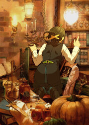  apple book bottle brown_hair candelabra candlestand female food fruit green_eyes miyuu original pumpkin solo vest 