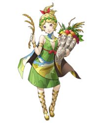  blonde_hair bracelet cape cleavage_cutout clothing_cutout demeter_(megami_tensei) doi_masayuki dress female food fruit grapes head_wreath jewelry lolicon looking_at_viewer official_art red_eyes ribbon shin_megami_tensei shin_megami_tensei:_strange_journey standing wheat white_background 