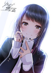  black_hair blunt_bangs blush brown_eyes cellphone commentary_request female gakuran hairband holding holding_phone kentaurosu long_hair long_sleeves looking_at_viewer matsuno_chiya original phone school_uniform serafuku smartphone smile solo 