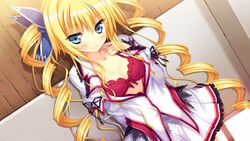  artist_request blonde_hair blue_eyes blush bra breasts character_request drill_hair eufonie eve_elain_austin female game_cg koiken_otome koiken_otome_revive lingerie open_clothes open_shirt school_uniform shirt smile solo source_request tateha_(artist) twintails underwear 