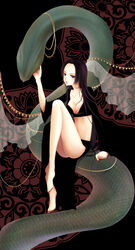  barefoot black_hair black_shirt black_skirt boa_hancock breasts cleavage female female highres long_hair long_skirt navel one_piece ouka_mai shirt side_slit sitting skirt snake solo 