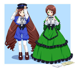  2girls brown_hair commentary_request cosplay costume_switch dress drill_hair frills green_eyes hat heterochromia ichikawa_masahiro kodona lolita_fashion long_hair multiple_girls pantyhose porkpie_hat red_eyes rozen_maiden short_hair siblings sisters souseiseki souseiseki_(cosplay) suiseiseki suiseiseki_(cosplay) twins very_long_hair white_pantyhose 