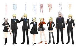  4boys 4girls ahoge arthur_pendragon_(fate) artoria_pendragon_(fate) braid breasts business_casual business_suit clenched_hand collar commentary_request fate/apocrypha fate/extra fate/extra_ccc fate/grand_order fate/prototype fate/stay_night fate/strange_fake fate_(series) flower formal gawain_(fate) hair_ribbon hand_on_own_chest hand_on_own_hip highres holding holding_sword holding_weapon katana koha-ace large_breasts long_hair messy_hair mordred_(fate) mordred_(fate/apocrypha) multiple_boys multiple_girls nero_claudius_(fate) nero_claudius_(fate/extra) okita_souji_(fate) okita_souji_(koha-ace) ribbon richard_i_(fate) saber_(fate) shimaneko siegfried_(fate) suit sword translation_request weapon 