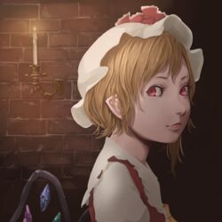  ascot blonde_hair brick_wall candle closed_mouth commentary_request crystal female flandre_scarlet from_side hat hat_ribbon light_smile lips looking_at_viewer medium_hair mob_cap nagi_(xx001122) pointy_ears red_eyes ribbon shirt side_ponytail sideways_glance solo standing touhou upper_body vest white_shirt wings yellow_ascot 