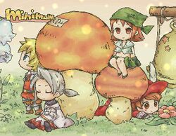  3boys arc_(ff3) brown_eyes brown_hair commentary_request everyone female final_fantasy final_fantasy_iii ingus jaggy_lines lowres luneth mini_person miniboy minigirl multiple_boys mushroom oekaki on_mushroom pote_(ptkan) red_mage_(final_fantasy) refia sitting_on_mushroom thief_(final_fantasy) warrior_(final_fantasy) white_mage_(final_fantasy) 