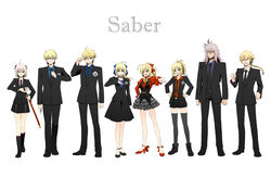  4boys 4girls ahoge arthur_pendragon_(fate) artoria_pendragon_(fate) braid braided_ponytail breasts business_casual business_suit choker clenched_hand collar collarbone commentary_request fate/apocrypha fate/extra fate/extra_ccc fate/grand_order fate/prototype fate/stay_night fate/strange_fake fate_(series) flower formal gawain_(fate) hair_ribbon hand_on_own_chest hand_on_own_hip high_heels highres holding holding_sword holding_weapon katana koha-ace large_breasts long_hair messy_hair miniskirt mordred_(fate) mordred_(fate/apocrypha) multiple_boys multiple_girls necktie nero_claudius_(fate) nero_claudius_(fate/extra) okita_souji_(fate) okita_souji_(koha-ace) open_mouth outstretched_hand pointing pointing_at_self ponytail ribbon richard_i_(fate) rose saber_(fate) sheath sheathed shimaneko short_hair siegfried_(fate) skirt small_breasts smile smirk standing suit sword thighhighs weapon 