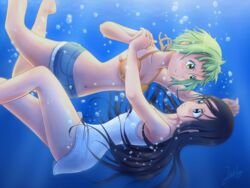  2girls air_bubble amanchu! bare_arms bare_shoulders barefoot bikini bikini_top_only black_hair blue_eyes blush breasts bubble closed_mouth collarbone commentary_request denim denim_shorts dress freediving gradient_background green_eyes green_hair highres holding_breath holding_hands jakly kohinata_hikari long_hair looking_at_another medium_breasts midriff multiple_girls navel ocean ooki_futaba pocket short_hair short_shorts shorts smile spaghetti_strap swimming swimsuit underwater white_dress yuri 