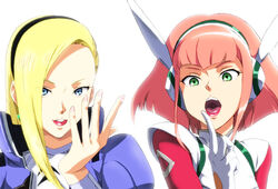  2girls barara_peol blonde_hair blue_eyes commentary_request enfuku finger_to_mouth green_eyes gundam gundam_g_no_reconguista hairband headgear lipstick long_hair looking_at_viewer makeup mick_jack multiple_girls open_mouth pink_hair short_hair sidelocks smile 