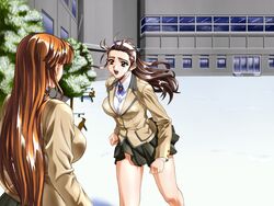  2girls brown_hair escalation escalation_hardcore inoue_takuya long_hair multiple_girls ogasawara_kaoru red_hair running school_uniform snow tatsuki_haruka winter yuri 