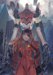  aircraft animal_ears animal_hat artist_name azomo blue_eyes bodysuit bracer breasts building cabbie_hat cat_hat city cloud cloudy_sky commentary cowboy_shot day duct_tape eva_02 evangelion:_3.0_you_can_(not)_redo evangelion_(mecha) extra_eyes eyepatch fake_animal_ears female from_below gloves glowing glowing_eyes green_eyes hand_on_own_hip hat highres light_smile long_hair looking_at_viewer mecha neon_genesis_evangelion orange_hair outdoors photoshop_(medium) pilot_suit plugsuit rebuild_of_evangelion red_bodysuit robot science_fiction signature skinny sky skyscraper small_breasts smile solo souryuu_asuka_langley standing turtleneck un_heavy_fighter_jet_(evangelion) 