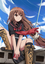  between_legs boots brown_eyes brown_hair cloud commentary_request day female hand_between_legs long_hair ookami-san ookami_ryouko photoshop_(medium) rayhwang school_uniform side_slit sitting sky solo 