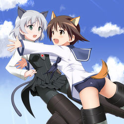  2girls animal_ears blush brown_eyes brown_hair cat_ears cat_girl cat_tail cloud commentary_request day dog_ears dog_girl dog_tail flying green_eyes grey_hair hug hyokkori_tamago military military_uniform miyafuji_yoshika multiple_girls open_mouth pantyhose sanya_v._litvyak school_swimsuit school_uniform serafuku short_hair sky strike_witches striker_unit swimsuit swimsuit_under_clothes tail uniform world_witches_series 