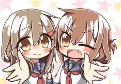  2girls alternate_hairstyle anchor_symbol brown_eyes brown_hair commentary cosplay eyebrows folded_ponytail hair_ornament hairclip hairstyle_switch ikazuchi_(kancolle) ikazuchi_(kancolle)_(cosplay) inazuma_(kancolle) inazuma_(kancolle)_(cosplay) jako_(jakoo21) kantai_collection long_hair look-alike looking_at_viewer multiple_girls neckerchief oerba_yun_fang one_eye_closed open_mouth red_neckerchief school_uniform serafuku short_hair star_(symbol) starry_background 