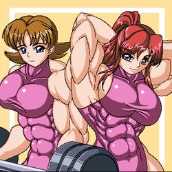  2girls abs barbell blonde_hair blonde_hair blue_eyes breasts extreme_muscles female flay_allster gray_eyes grey_eyes gundam gundam_seed lowres miriallia_haw multiple_girls muscle muscles muscular muscular_female red_hair ren_(tainca2000) rentb weights 